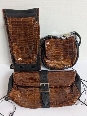 Croc Embossed Leather Motorcycle Pouch Kit Set Brown Tool Bag Belt Clip Biker